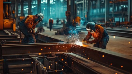 Two workers in protective gear welding metal beams in a large industrial setting, surrounded by sparks and machinery.