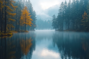 Poster - A misty morning over a tranquil lake, with trees reflecting on the still water, captures the peaceful beauty of dawn. Concept of beauty in nature.