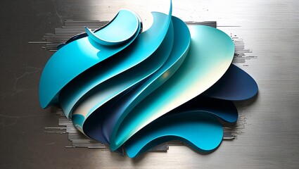 Poster - Abstract 3D art with blue and teal curved shapes against a gray background.