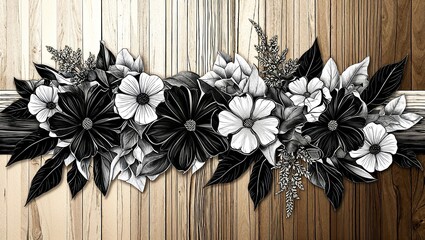 Sticker - Black and white flowers on a wooden background.