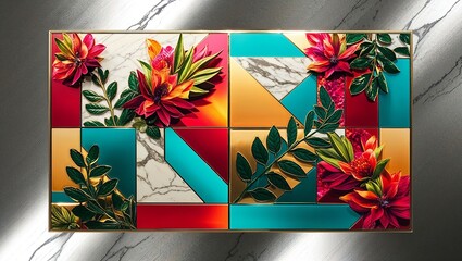 Poster - A close-up of a colorful floral arrangement on a geometric background.