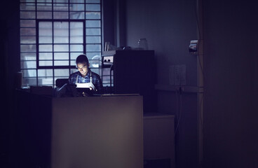 Aufkleber - Small business, dark and man in coffee shop, tablet and apron with typing, connection and startup. Person, entrepreneur and barista with tech, evening and communication with digital app and night
