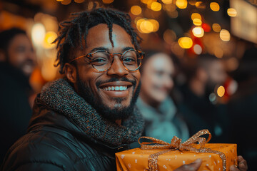 Sticker - A group of friends hosting a holiday gift exchange, laughing and exchanging presents, captures the joy of sharing during the season. Concept of holiday spirit.