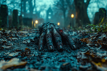 Aufkleber - A graveyard at midnight where the ground begins to shift and hands claw their way out of the earth sets a terrifying Halloween scene. Concept of fear.