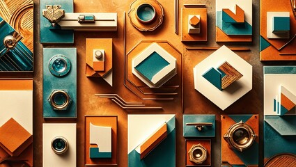 Wall Mural - Abstract geometric shapes in teal, orange, and gold create a modern, minimalist design.