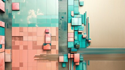 Wall Mural - Abstract geometric design featuring pink, teal, and gold blocks.