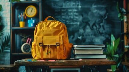 A yellow backpack with books, an alarm clock and school supplies on the table