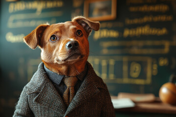 Poster - A dog dressed as a teacher in front of a chaotic classroom shows the challenges of education. Concept of animals in human roles.