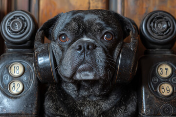 Fototapete - A dog overwhelmed by multiple phones ringing portrays the endless demands of customer service. Concept of animals in human roles.