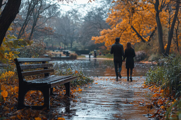 Aufkleber - a couple dancing in a park, while another person sits alone on a bench, reflects the contrast betwee