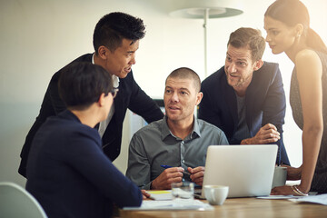 Poster - Office, discussion and group with laptop, teamwork and collaboration for project, smile and confident. Digital, talking and corporate people in boardroom, online and actuary for insurance company