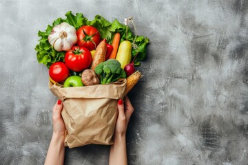 Female hand holds bag with different food on gray background