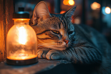 Poster - a cat working late into the night under a dim lamp represents the exhaustion of long hours. concept 