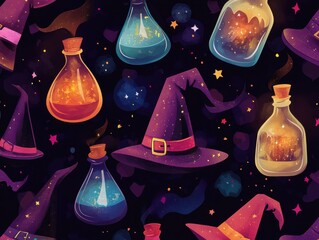 Witch Hats and Bottles of Magic Potions on a Dark Background with Stars