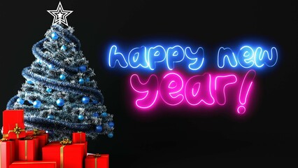 Happy New Year neon sign. Happy New Year text font with light. Luminous and shimmering haze inside the letters of the text Happy New Year. Christmas concept.	
