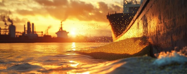 A golden sunrise over an industrial harbor, with ships and reflective water creating a striking scene