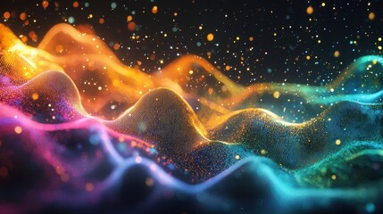 Poster - Colorful Wave Pattern with Holographic Particles Flowing
