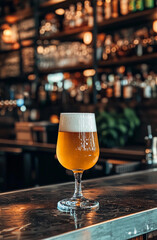 A glass of beer on the bar counter in an expensive pub, with a beautiful background, shot from a low angle.