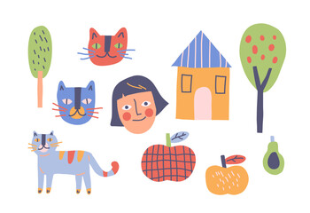 Wall Mural - set of funny children drawings. adorable kid doodles with cute animal faces, trees and houses. scrib