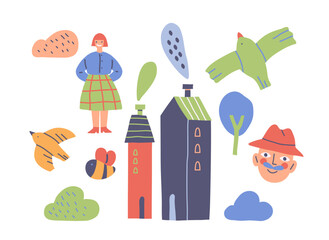 Wall Mural - set of funny children drawings. cute kids doodles with adorable clouds, characters and houses. scrib