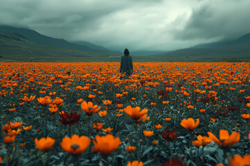 Wall Mural - a bright, colorful field of flowers juxtaposed with a gray, lifeless desert shows the stark contrast