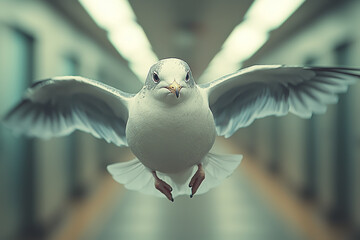 Wall Mural - A bird in a suit and tie, flying through office corridors, represents the pressures of corporate life. Concept of animals in human roles.