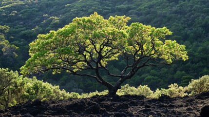 Poster - A rare tree species growing in a remote forest, its unique shape and vibrant foliage standing out