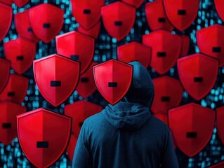 Poster - A hacker surrounded by layers of red access denied shields, as encrypted personal data flows past them untouched