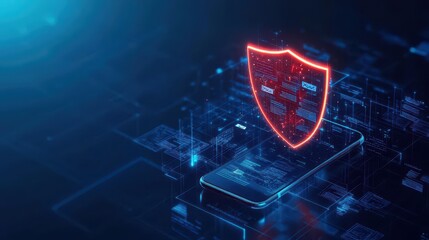 Poster - A smartphone with a glowing shield hovering above it, showing encrypted messages and secured data streams surrounding the phone