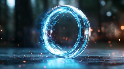 Wall Mural - a glowing blue portal floats above a reflective surface, surrounded by sparkling particles and a mys