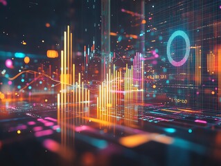 Fototapete - Abstract digital background with glowing lines, data and charts.