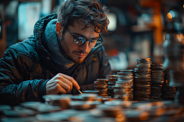 Poster - A freelance writer discussing the unpredictability of income in the gig economy, showcasing the financial risks associated with gig work. Concept of financial stability.