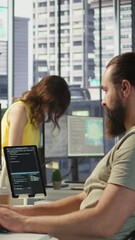Aufkleber - vertical video employee utilizing ai resources and platforms to train and deploy machine learning mo