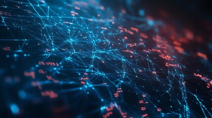 Poster - Abstract digital network with blue and red glowing lines and dots.