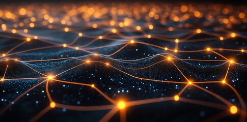 Abstract digital network with orange glowing lines connecting nodes on a dark background.