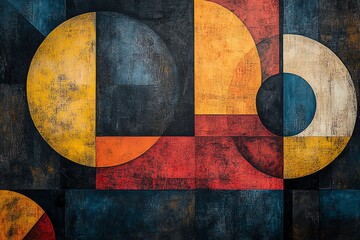 Aufkleber - Abstract geometric pattern with circles, squares, and rectangles in yellow, red, blue, and orange colors on a dark background.