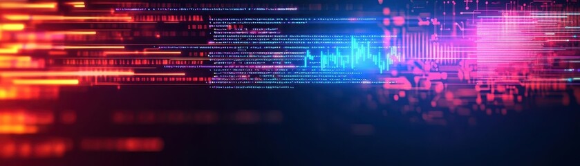 Poster - Code debugging software, neon coding lines, abstract tech background, dark modern design