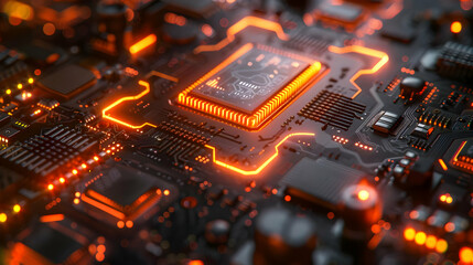 Poster - 3D Illustration of a Circuit Board with Glowing Orange Lines