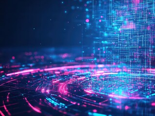 Poster - Curved tech lines, neonlit grid, abstract futuristic landscape, dark background