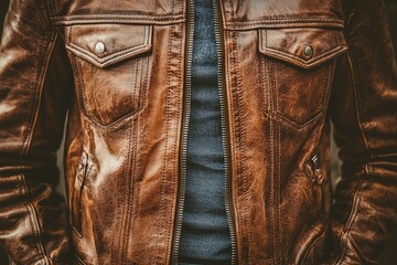 Close-up of a Brown Leather Jacket with a Zipper