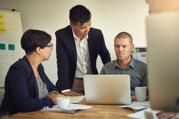 Aufkleber - Office, reading and group with laptop, planning and collaboration for project, ideas and confident. Brainstorming, talking and corporate people in meeting, online and actuary for insurance company