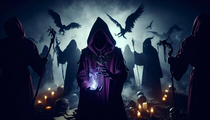 sorcerer dressed in purple cloak making spells surrounded by dark spirits