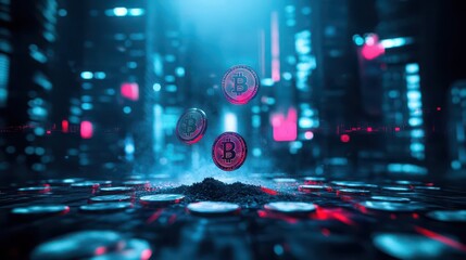 Wall Mural - floating digital coins turning to ash over a crumbling futuristic city, glitching neon lights, scifi