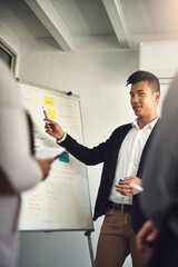 Poster - Man, whiteboard and web development project in office, progress chart and meeting. Male person, collaboration and ideas for user friendly access in workplace, staff workshop and solution for coding