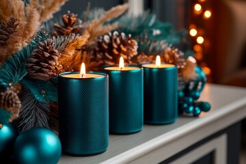 A cozy living room with candles glowing on a mantle, setting a warm, festive mood