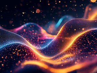 Poster - Abstract colorful wave pattern with glowing particles on a black background.