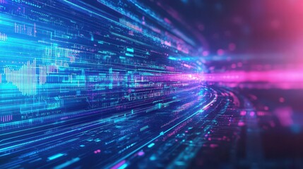 Poster - Neon tech curves, smooth glowing patterns, abstract digital background, futuristic design