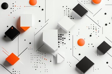 Abstract geometric background with black and orange cubes, circles and lines on a white surface.