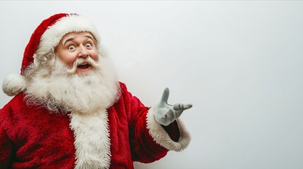 A man dressed as Santa Claus pointing at something with his hand