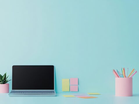 Paper cut office workspace, laptop and sticky notes, flat design illustration